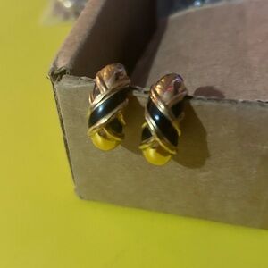 Vintage Gold plated and black enamel earrings for pierced ears
